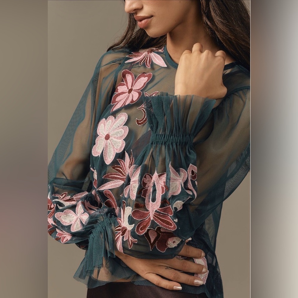 NWT By Anthropologie Embroidered Embroidered Mesh Blouse - Picture 2 of 11